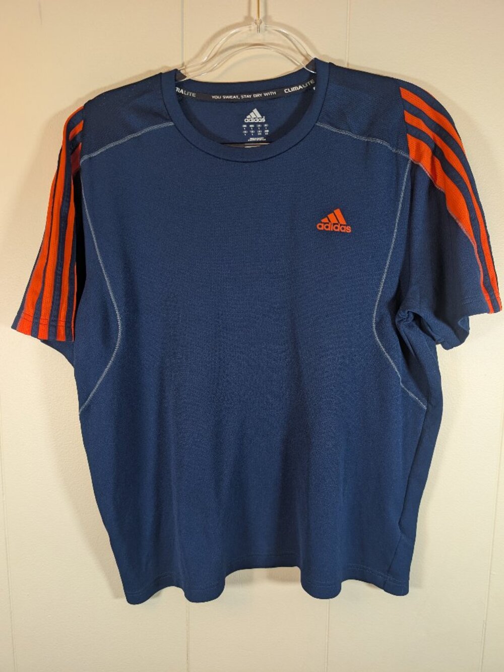 Adidas Climalite Shirt Men L Navy Blue Orange 3 Stripe Running Training Athletic